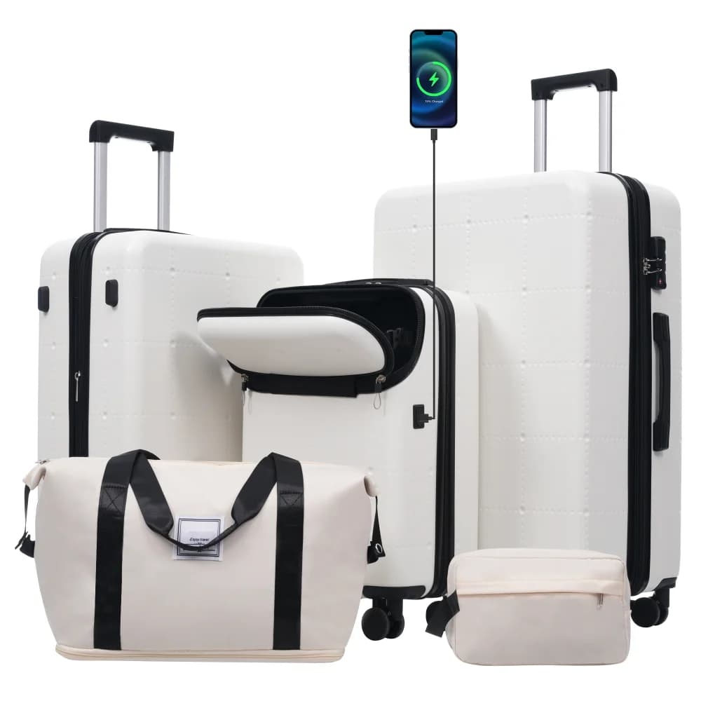 Set di Valigie Rigide 5 in 1, Bagaglio a Mano 20" con Porta USB, Design Semiapribile, Espandibile 24/28", Doppie Ruote Girevoli, Serratura TSA