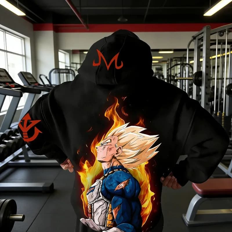 Felpa con Cappuccio Uomo Primavera 2026 Dragon Ball Z in Puro Cotone, Design con Simbolo Majin Vegeta Super Saiyan, Oversize Casual Unisex Streetwear
