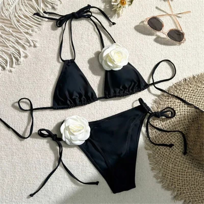 Sexy 3D Flower Black Triangle Bikinis Set Micro Thong Swimsuits Women String Halter Bathing Suit Bikini Mujer Biquinis Swim