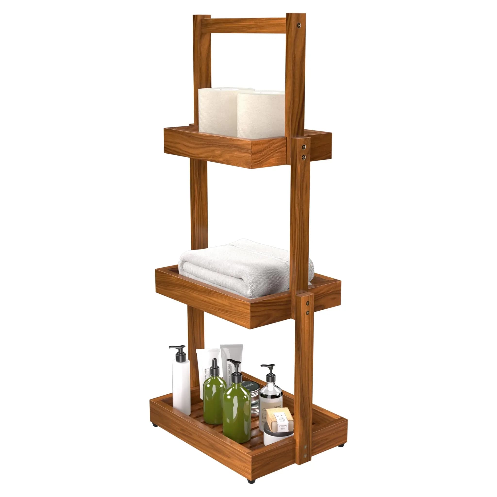 Teak 3-Tier Shower Shelf Bathroom Organizer With Non-Slip Base Rustproof Standing Towel Rack Toilet Paper Holder