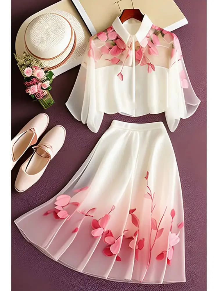 Tempering Shirt Faldas Floral skirts Set of two-piece Women's Dresses Short Sleeved Shirts Lady Ropa Mujer Top Chiffon