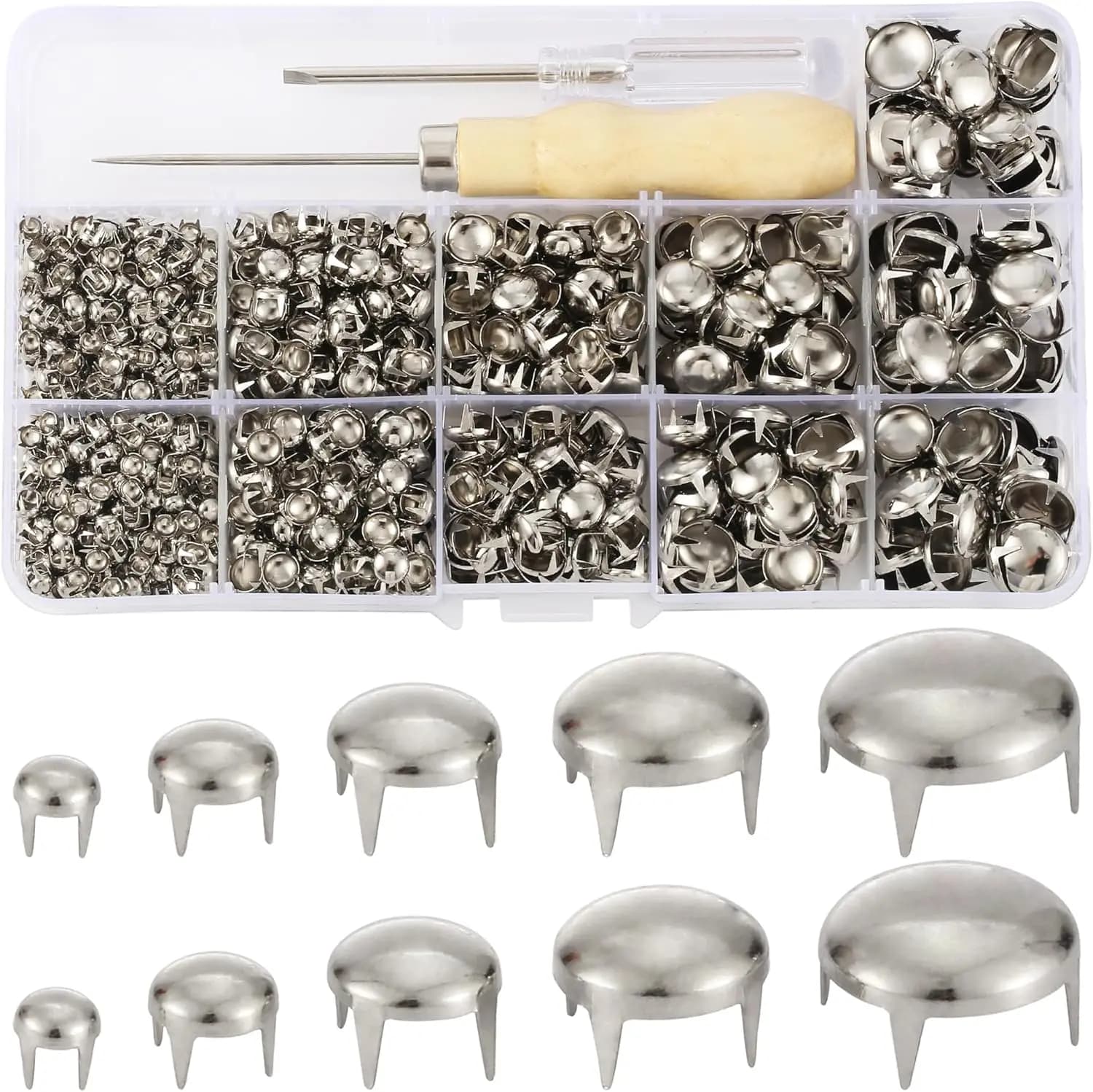 1220 Pezzi Borchie Assortite per Abbigliamento, Rivetti in Pelle, Punte a Cupola Rotonda, Kit per Cinture, Borse, Scarpe, Bracciali, Collari per Cani