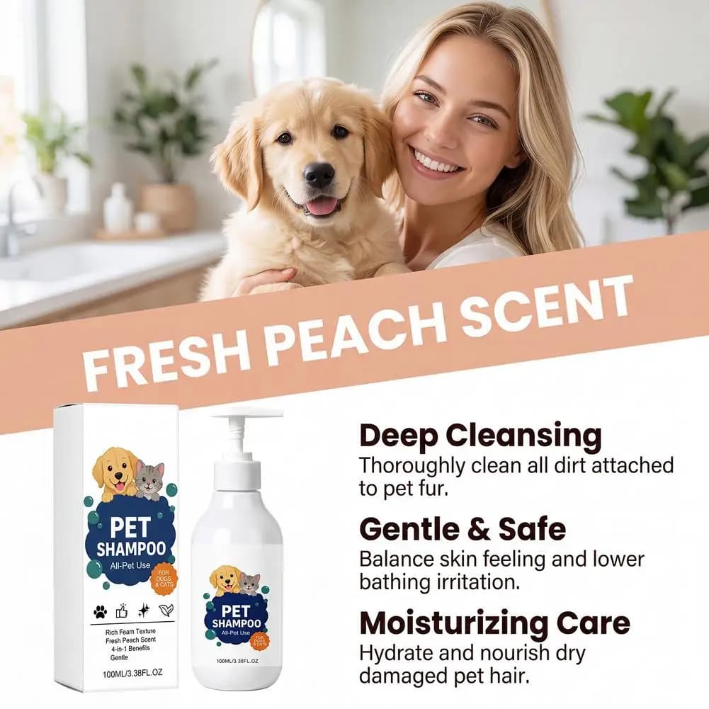 1-5PCS 4-in-1 Pet Shampoo for Dogs & Cats 100ml – Gentle Foaming Cleaner with Peach Scent Moisturizing & Deodorizing