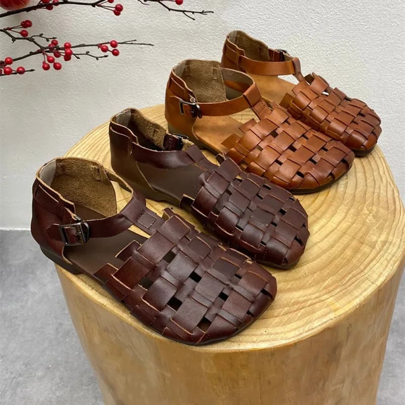 Retro And Nostalgic Style Flat Bottomed Summer Women's Shoes All Made Of Genuine Leather Sandals Rural Elderly Shoes Healthy
