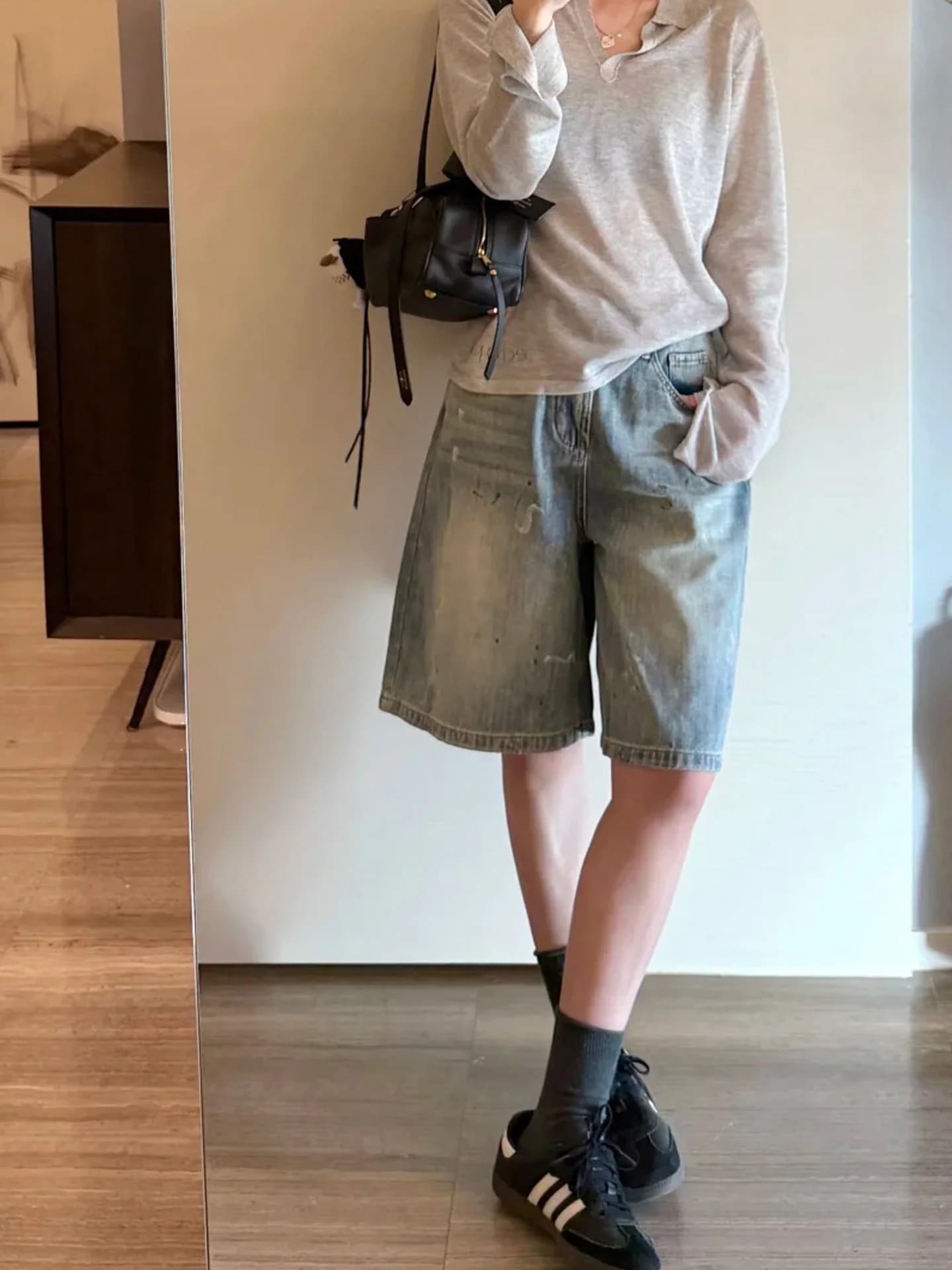 Washed American Style Thin Straight Leg Jeans Women's Summer New Five-Quarter High Waist Wide Leg Denim Pants Non-Stretch