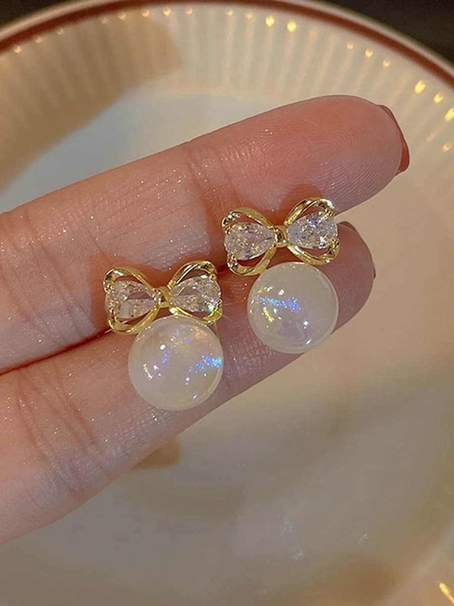 1pair Sweet & Elegant & Luxurious Mermaid Princess Style Faux Pearl & Rhinestone Decor Bowknot Shaped Alloy Stud Earrings For Wo