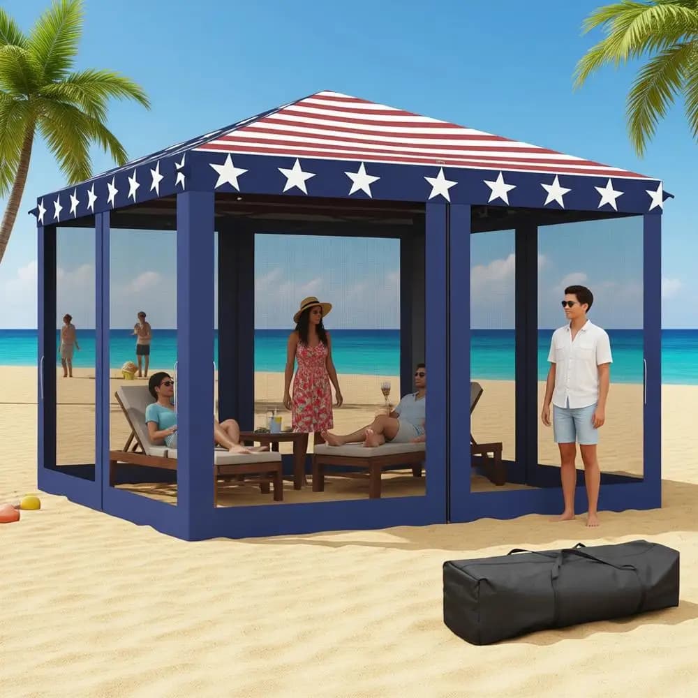Tenda a rete 10' x 10' con gazebo, riparo portatile per esterni, giardino, patio, campeggio - Blu e rosso