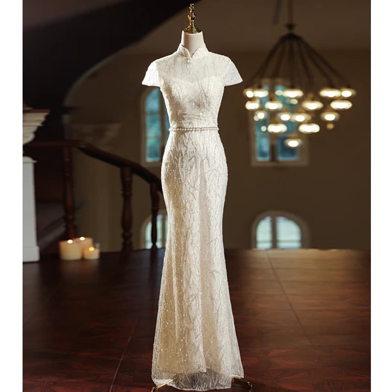 Champagne Color Evening Gown Women's Exclusive Luxury Engagement Dress Party Elegance Hostess Fish Tail Dress