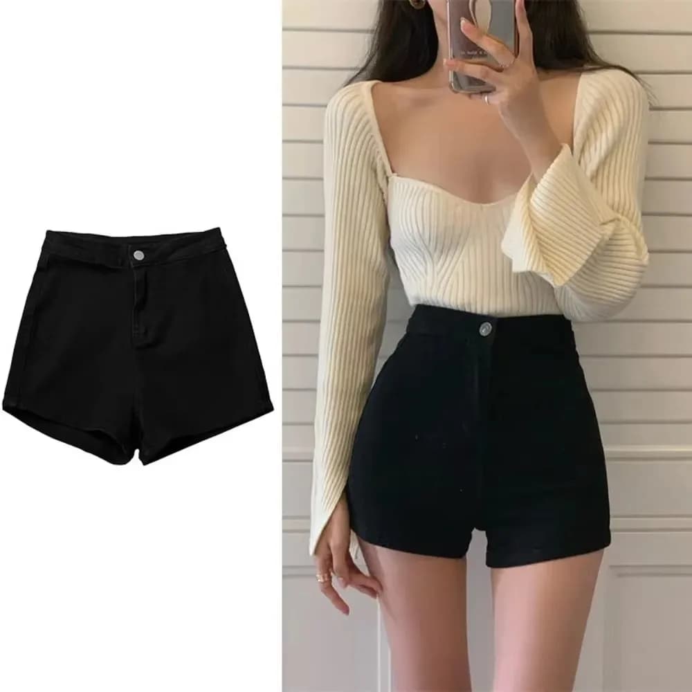 High Waist Vintage Denim Shorts, Slim Fit, Retro Style, Blue, For Summer, Casual, Streetwear