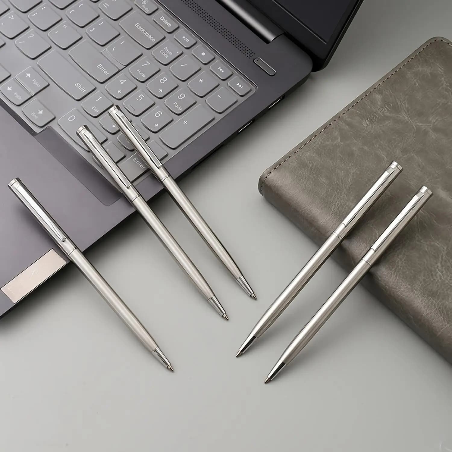 Elegant Silver Stainless Steel Ballpoint Pens - Durable, medium nib, twist-top design, smooth writing, perfect for off