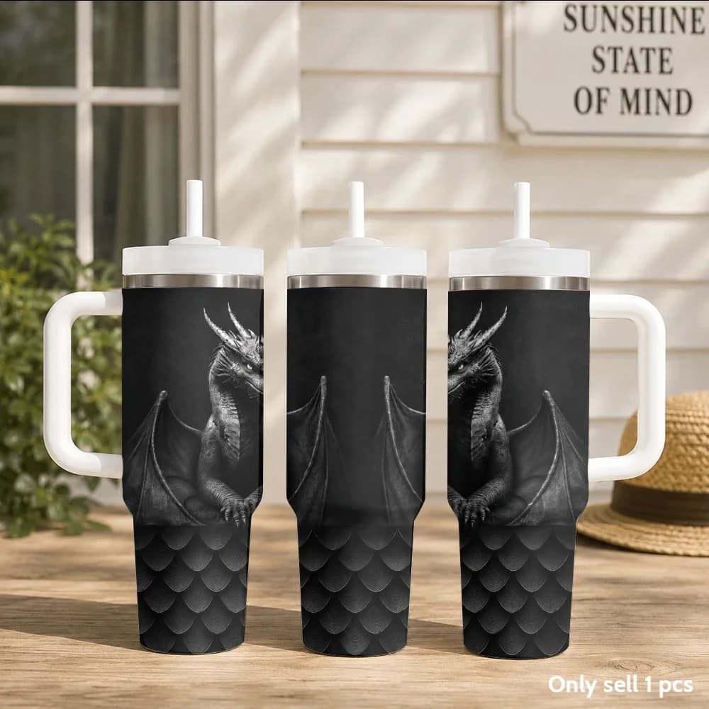 Dragon Design Vacuum Flasks 40oz Stainless Steel Insulated Tumbler with Handle & Straw Leakproof Travel Mug