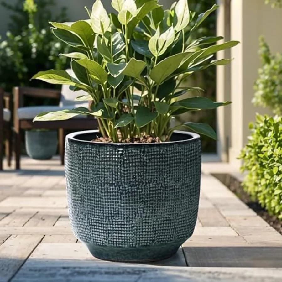 Large ceramic plant pots for outdoor and indoor use, green glazed finish, modern round design with drainage hole and rubber plu