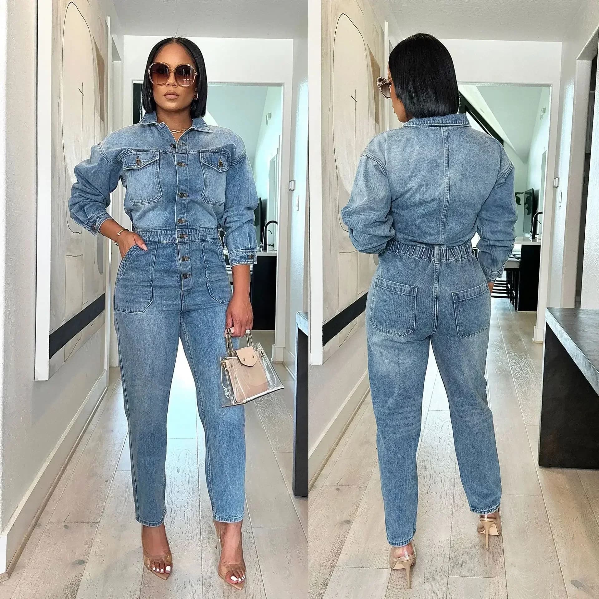 Single-breasted long-sleeved women's jeans ankle trousers pencil pockets in denim suits with solid buttons High Street