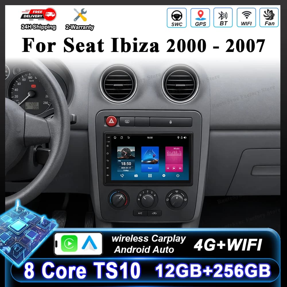 Autoradio Android 7'' per Seat Ibiza 2000-2007 con GPS, Navigazione, Stereo, Lettore Multimediale, Schermo e Carplay