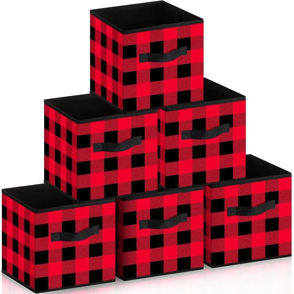 Cubi portaoggetti scozzesi di bufalo rosso e nero, confezione da 6, 10 contenitori pieghevoli in tessuto con manici per Natale, ideali per giocattoli, casa e
