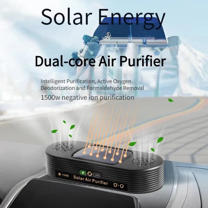 Purificatore d'aria dual core ad energia solare per purificare l'aria interna dell'auto, rimuovere fumo, odori e formaldeide purificatore d'aria intelligente