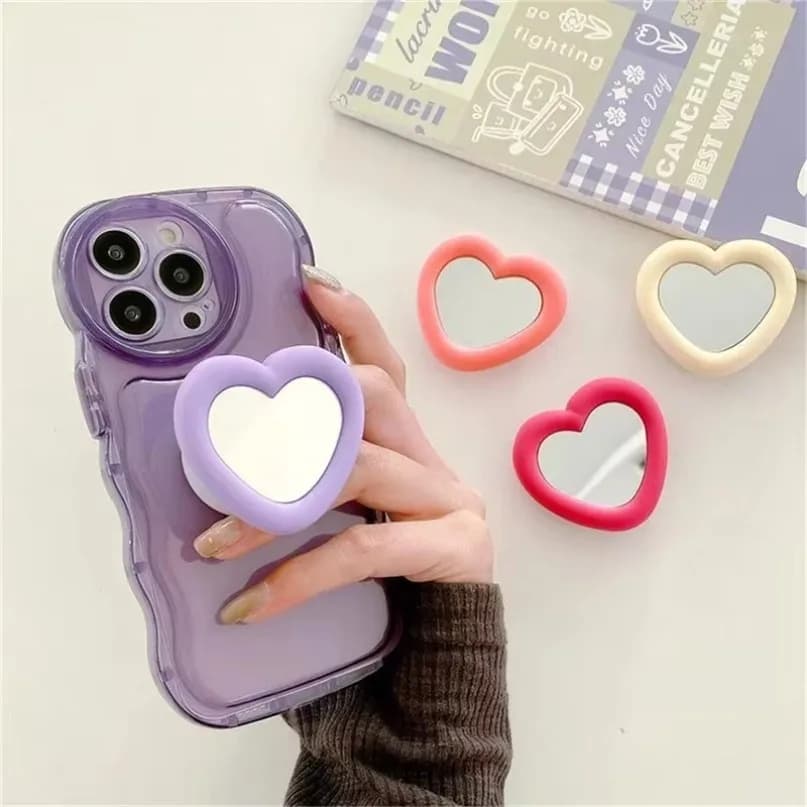 2 in 1 Silicone 3D Love Heart Phone Holder & Mini Mirror Desktop Lazy Folding Cellphone Stand for Smart Phone Case Accessories