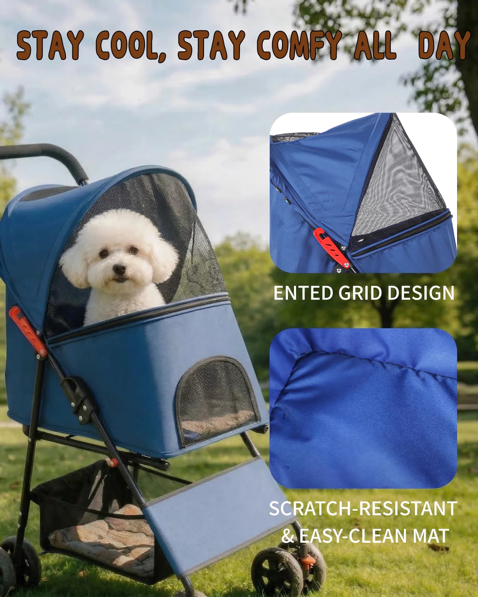Passeggino Leggero Pieghevole a 4 Ruote per Cani e Gatti di Piccola Taglia, Carrello da Viaggio per Animali Domestici Adatto a Tutti i Terreni
