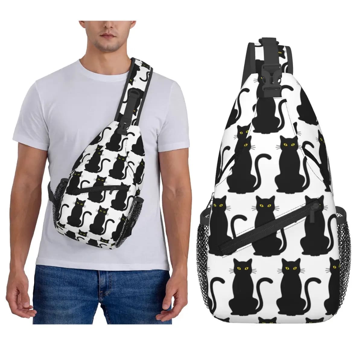 Cute Black Cat Chest Bag Men Sling Crossbody Backpack Chest Bag Traveling Hiking Daypack Shoulder Bag