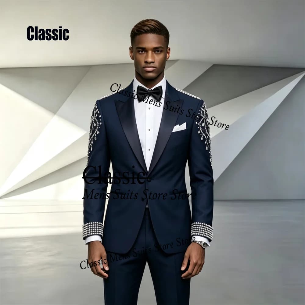 Customized Luxury Embroidery Rhinestone Men Suit 2 Pieces Set Male Party Blazers Slim Fit Groom Tuxedos Wedding Ropa Hombre