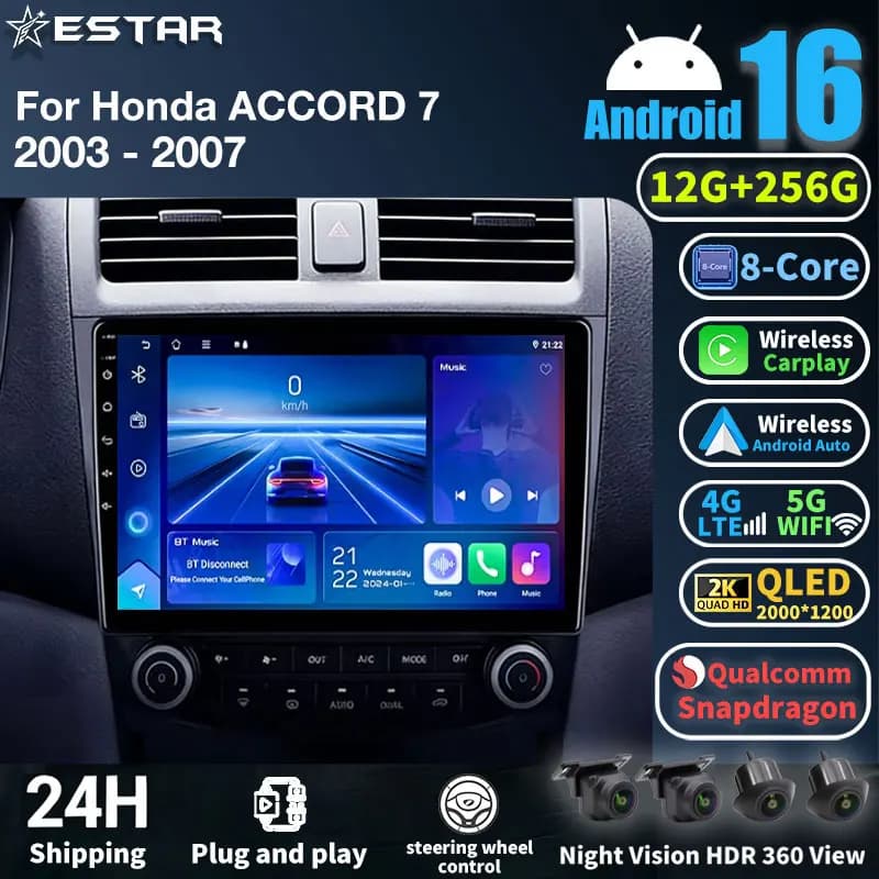 Android 16 Car Radio For Honda ACCORD 7 2003 - 2007 GPS Multimedia Player Navi Wireless Carplay Android Auto Video 360 Camera BT