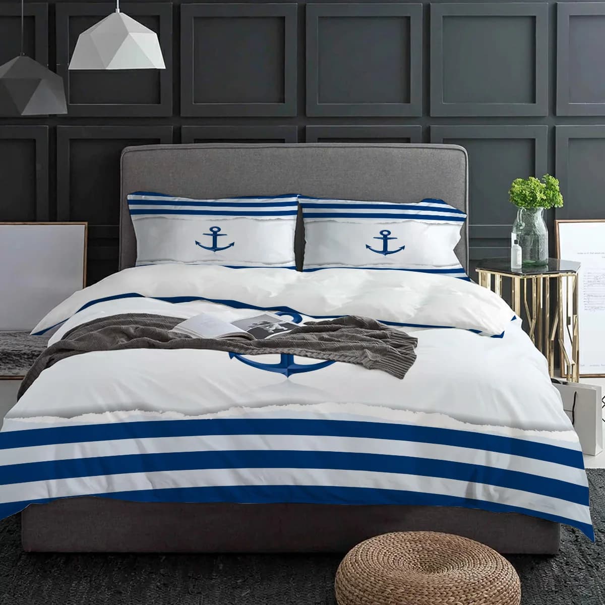 Anchor Blue White Stripe Bedding Set 3pcs Boys Girls Duvet Cover Pillowcase Kids Adult Quilt Cover Double Bed Set Home Textile