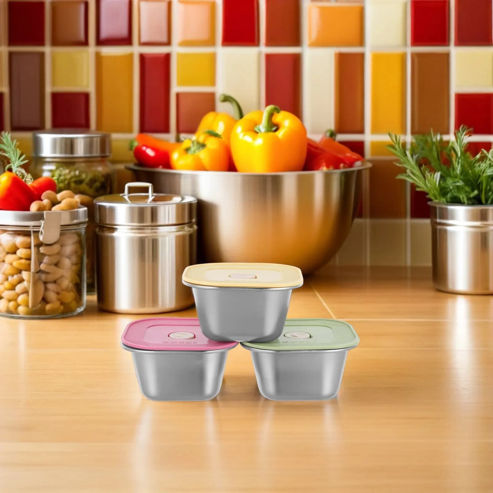 Contenitori per snack in acciaio inossidabile da 3 pezzi, impilabili, con coperchio in silicone a tenuta stagna, riutilizzabili, per la preparazione dei pasti, scatola per salse, accessori per il pranzo, 4,52 pollici