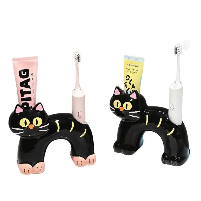 Bathroom Toothbrush Holder Ceramic Cute Cat Style No Drilling Self Adhesive Toothpaste Storage for Home Vanity Organization