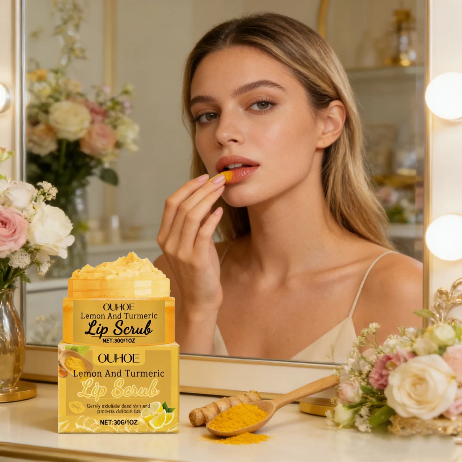 Scrub moisturizing lips rich in turmeric and lemon extract, delicate exfoliating, softens the lips, attenuates the wrinkles of the lips, illuminates the lips, cream for care of the skin.