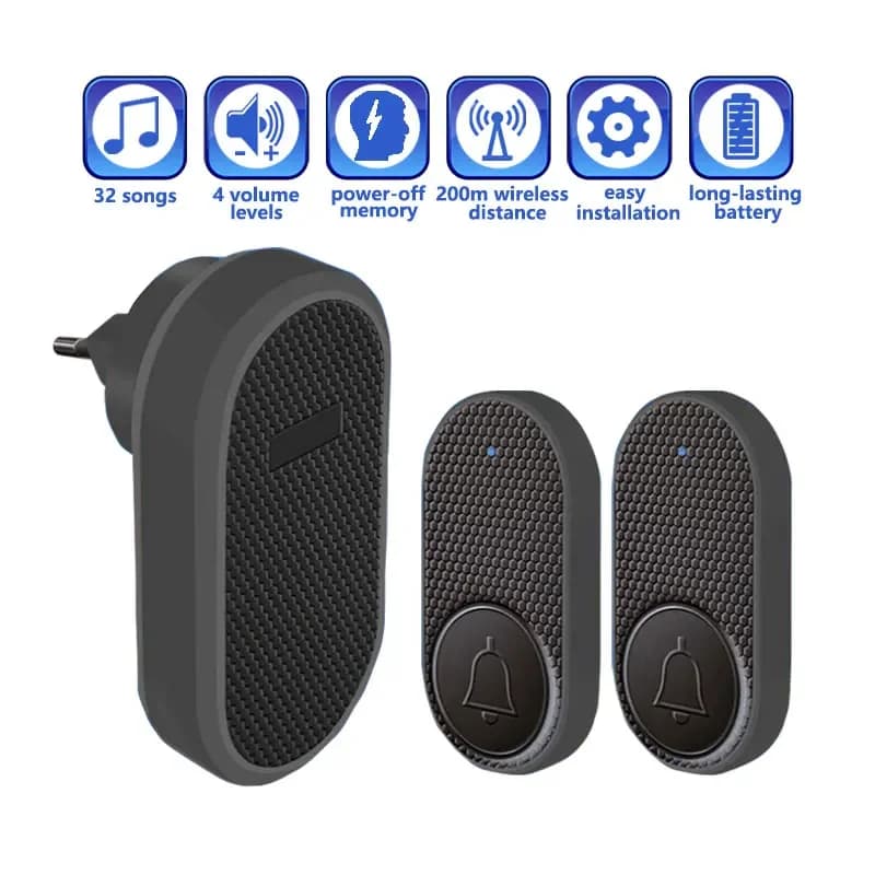 Campanello di benvenuto intelligente Campanello per porta senza fili Pulsante ospiti 32 brani Ricevitore promemoria allarme domestico Nero Moda