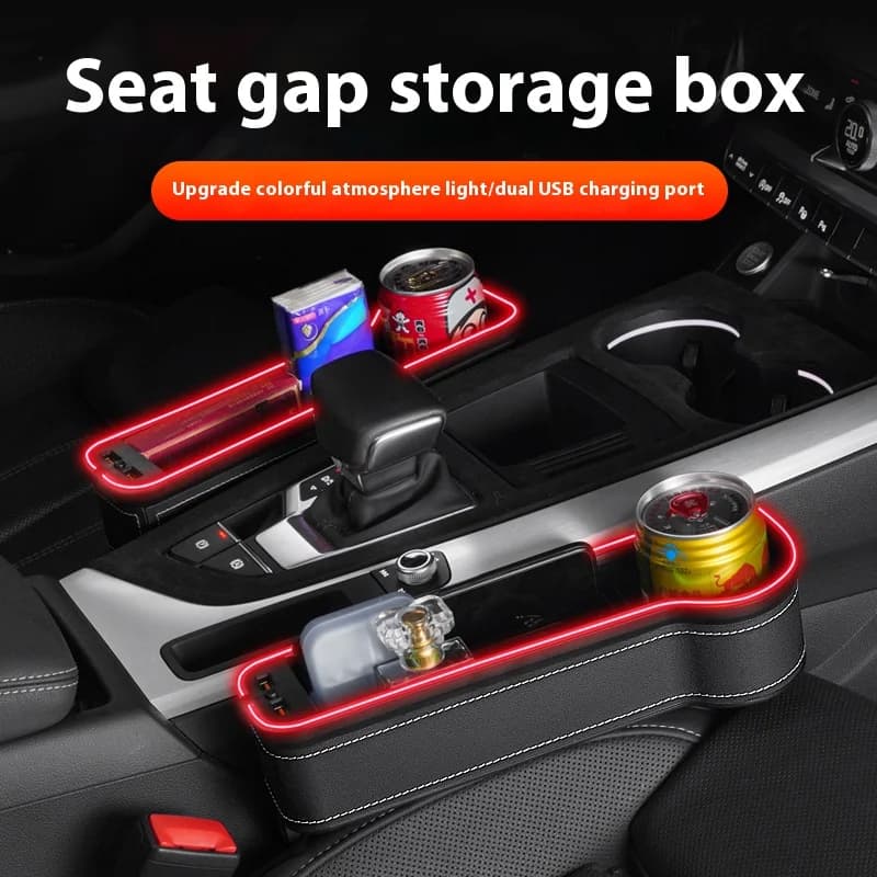 Scatola portaoggetti per auto con luce ambientale Porta di ricarica USB Scatola portaoggetti multifunzionale con clip per seggiolino auto emettitore di luce