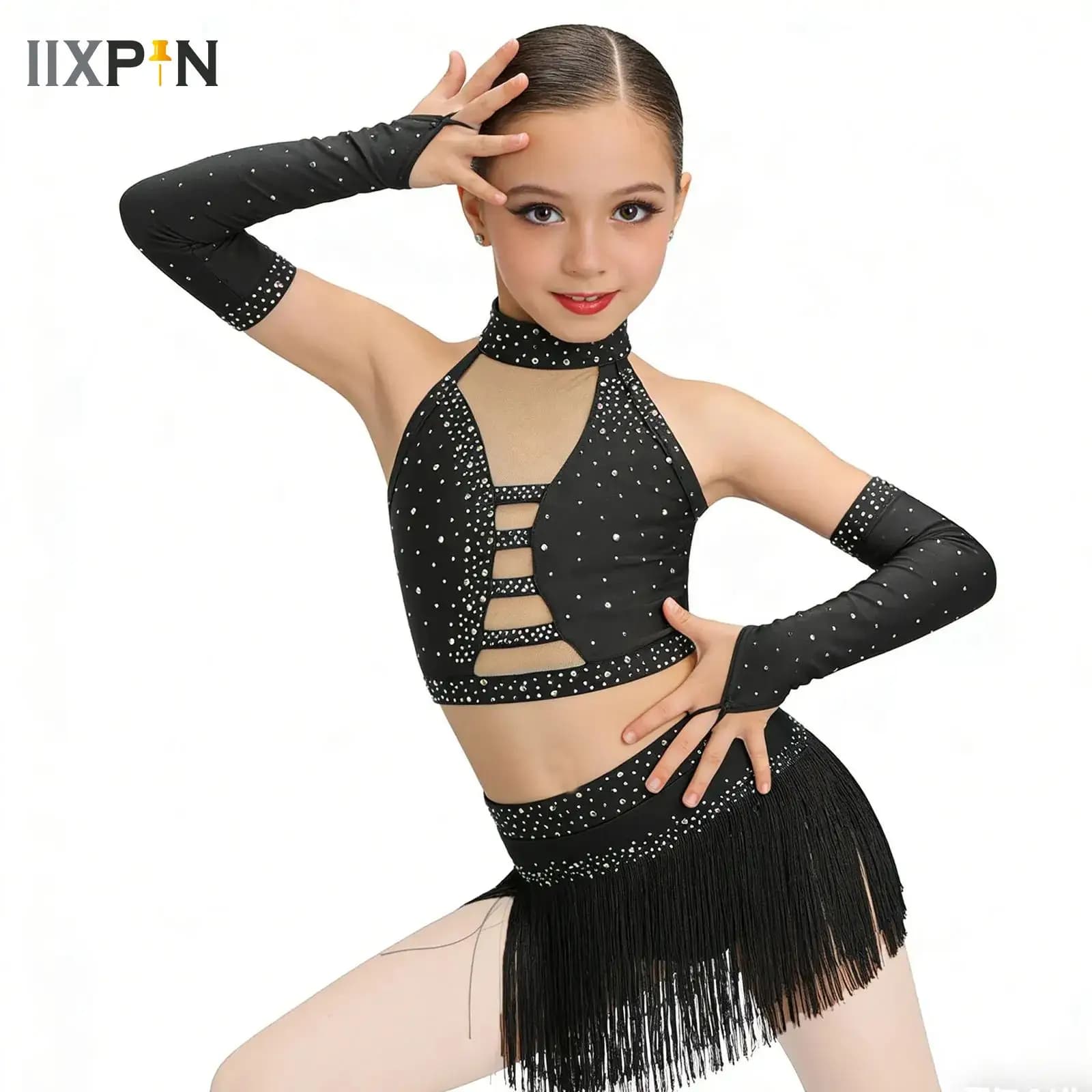 Kids Girls Jazz Dance Outfits Performance Costume Sparkly Rhinestones Crop Top with Tassel Briefs Skirt for Rhythmic Gymnastic