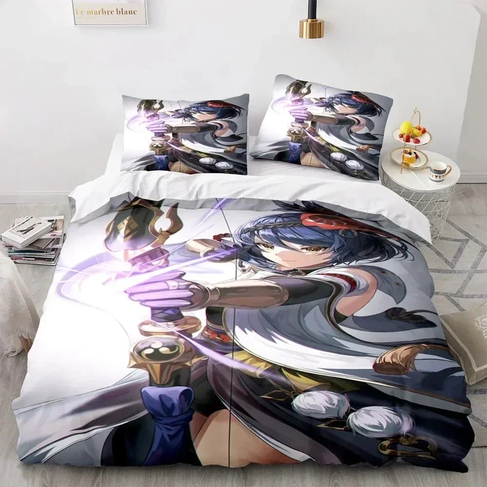 Set di Biancheria da Letto con Stampa 3D Anime Game Genshin Impact, Copripiumino, Federe, Set da 2 o 3 Pezzi per Bambini e Adulti