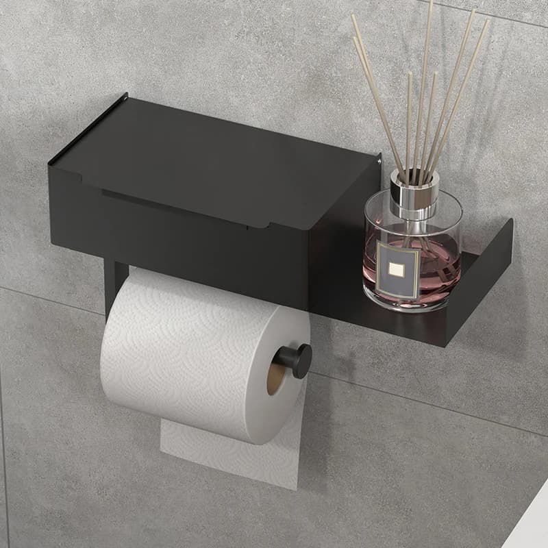 Toilet paper holder with shelf, wall mounted roll paper holder, tissue box, non drilled storage rack for storing bathroom wipes