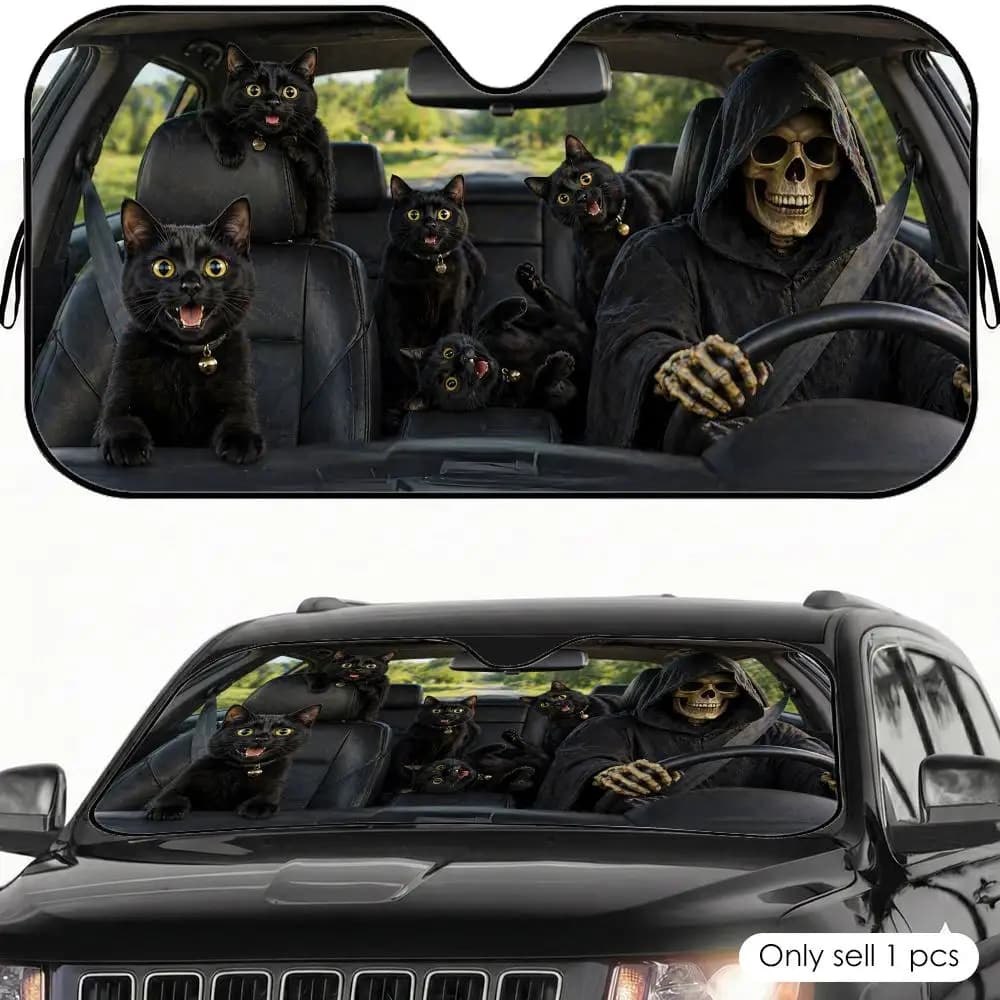 Parasole per Auto a Forma di Gatto Nero Grim Reaper, Protezione UV Riflettente Pieghevole con Isolamento Termico