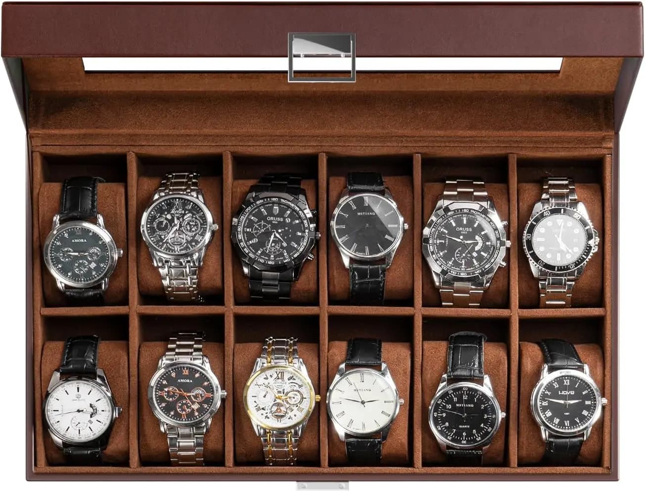 Watch Box Organizer for Dad, 12 Slot Display Case with Glass Lid, Storage for Men, Anniversary Birthday Gift