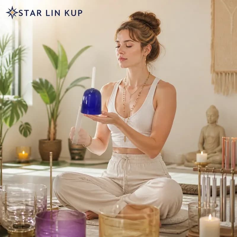 STAR LIN KUP 432Hz Blue Gradient Clear Crystal Singing Bowl Handheld for Yoga Meditation Healing Sound Therapy with