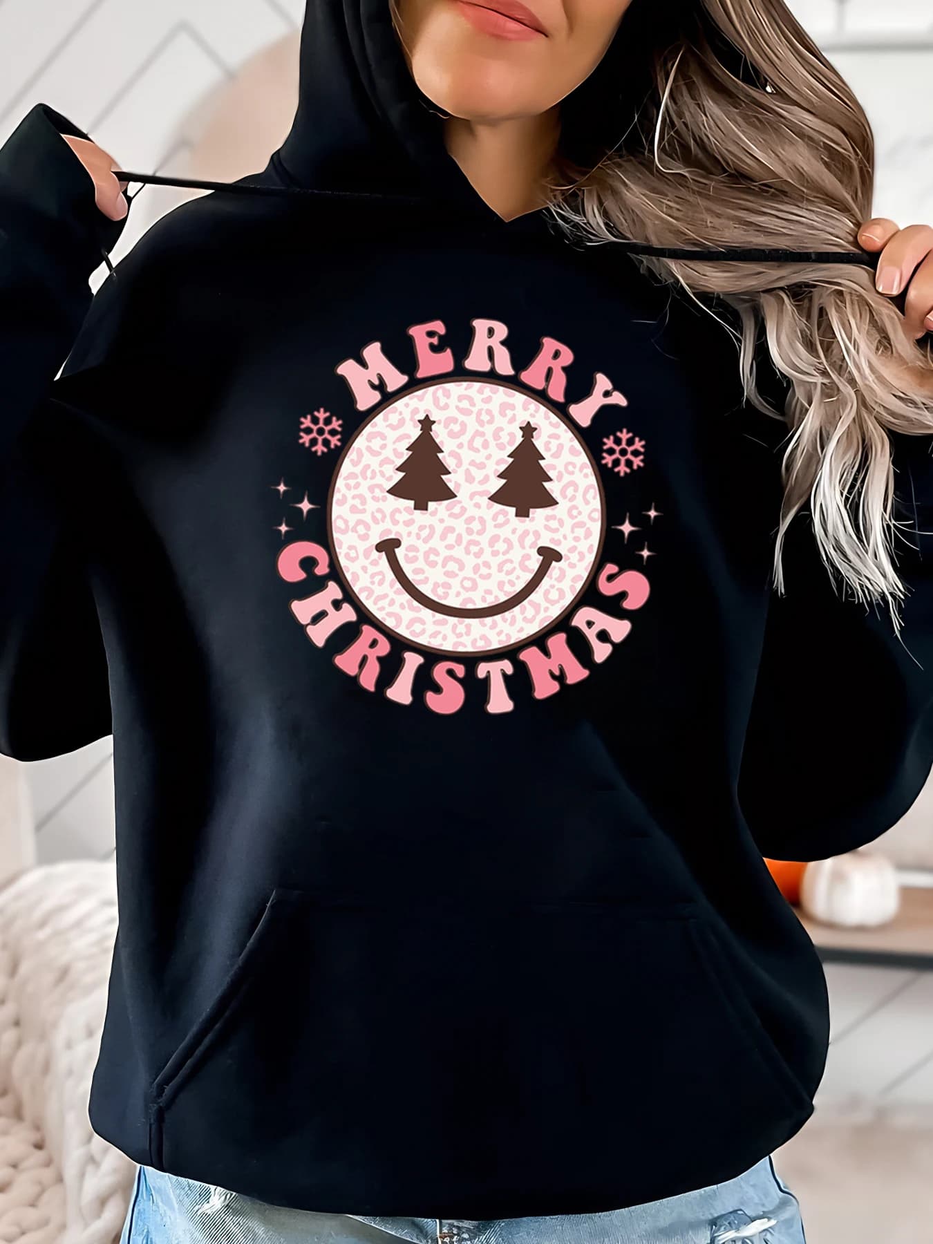 Hoodie with print smiley face of Merry Christmas Casual women's clothing for holidays Black Strong cuts