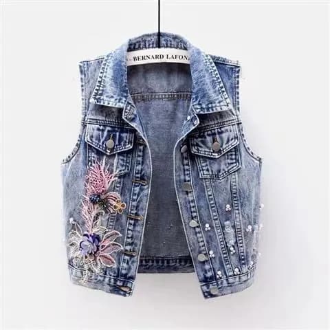 Gilet di jeans Cappotto Giacca senza maniche da donna Ricamo con perline solide Colletto couverture Bottone singolo Petto dritto Casual 2025 Estate