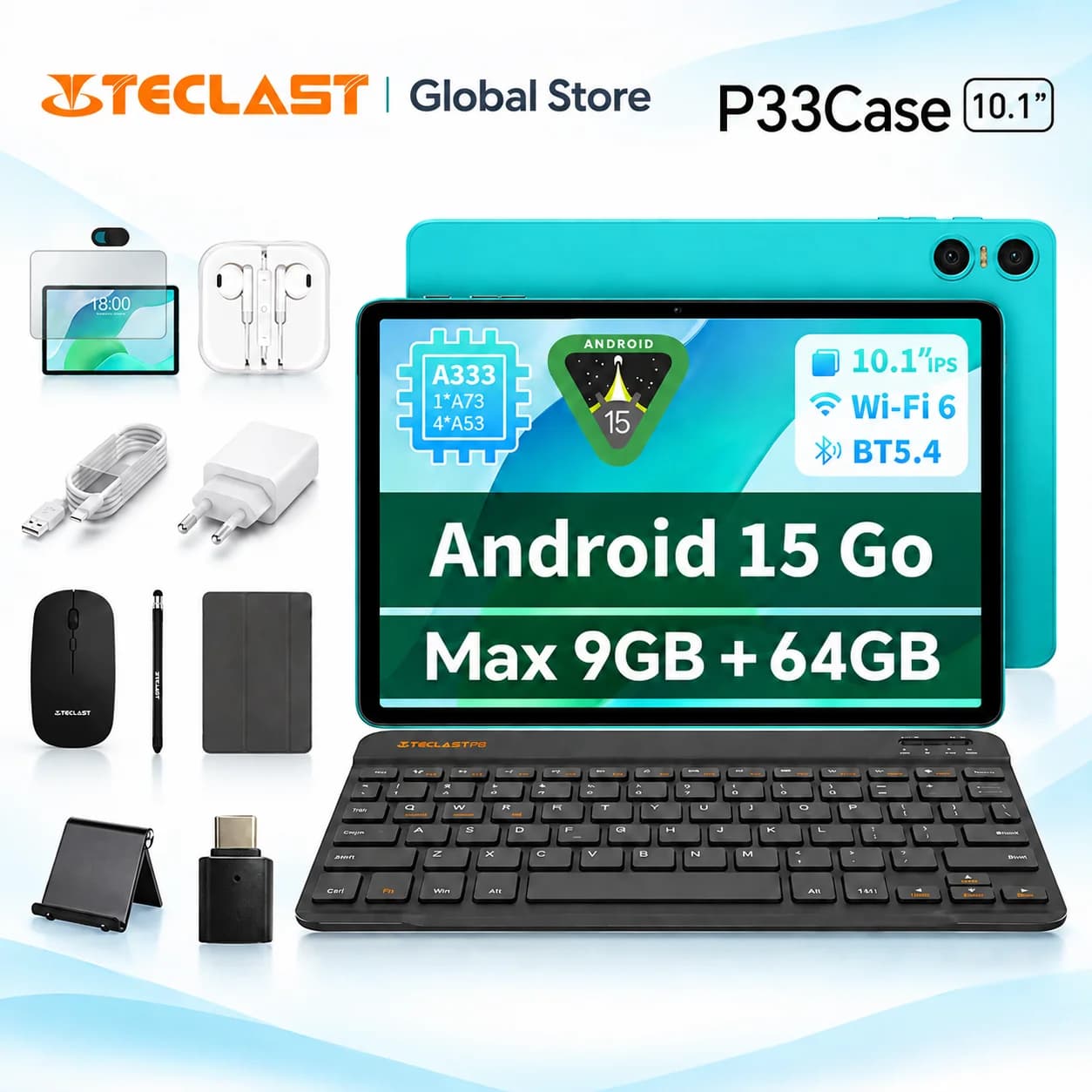 Teclast P33 Case Tablet 10.1" Android 15 9GB (3+6GB) RAM 64GB ROM Allwinner A333 con Custodia/Tastiera/Mouse/Stilo/Auricolari 6000mAh