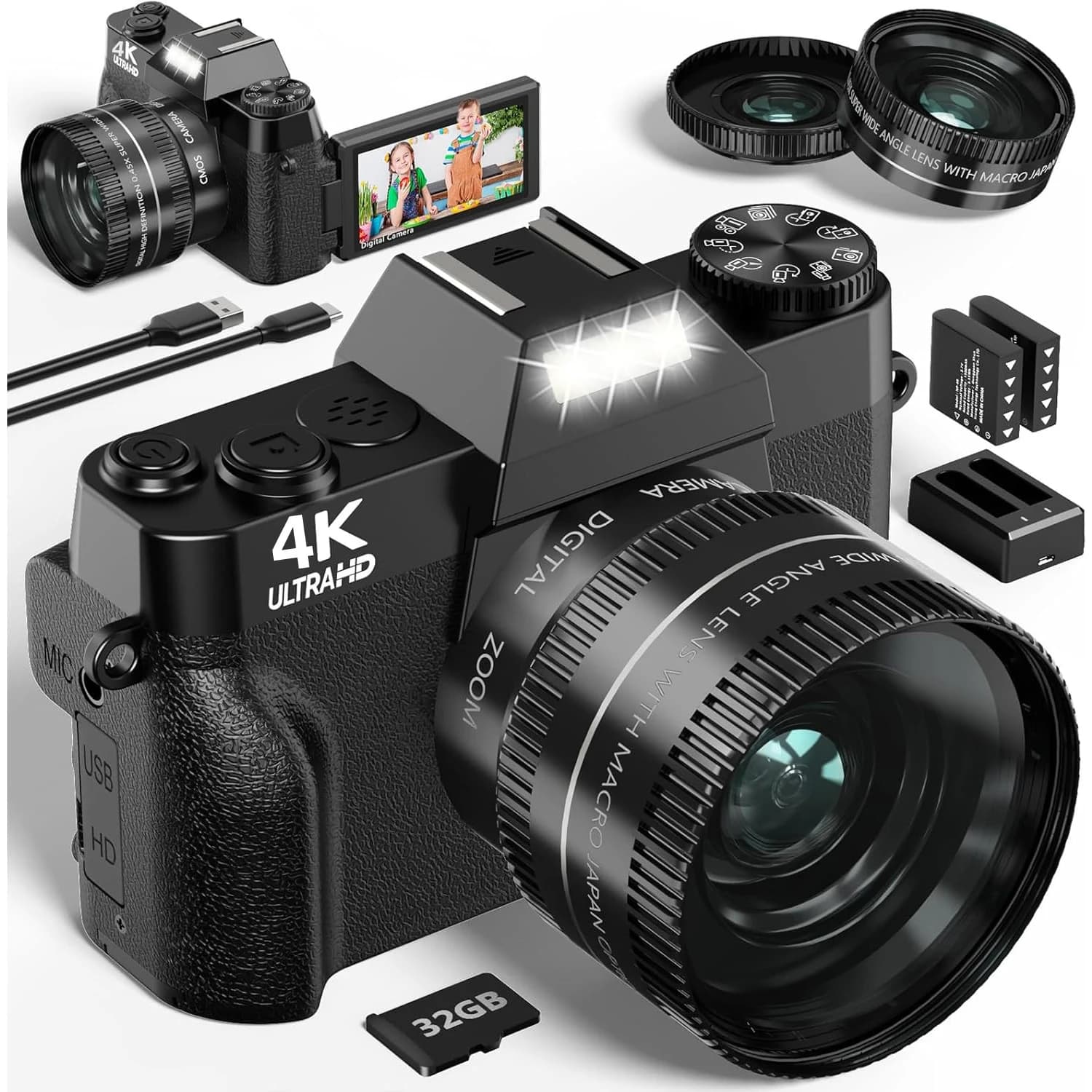 Fotocamera digitale 4K per fotografia Fotocamera Vlogging con zoom digitale 16X per YouTube Videocamera con messa a fuoco automatica WiFi 64MP Schermo ribaltabile da 3"