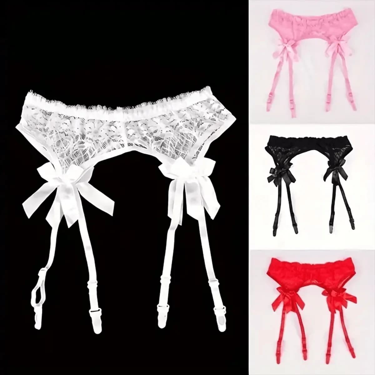 Cintura Reggicalze in Pizzo con Fiocchi in Raso, Design Trasparente per Set Lingerie