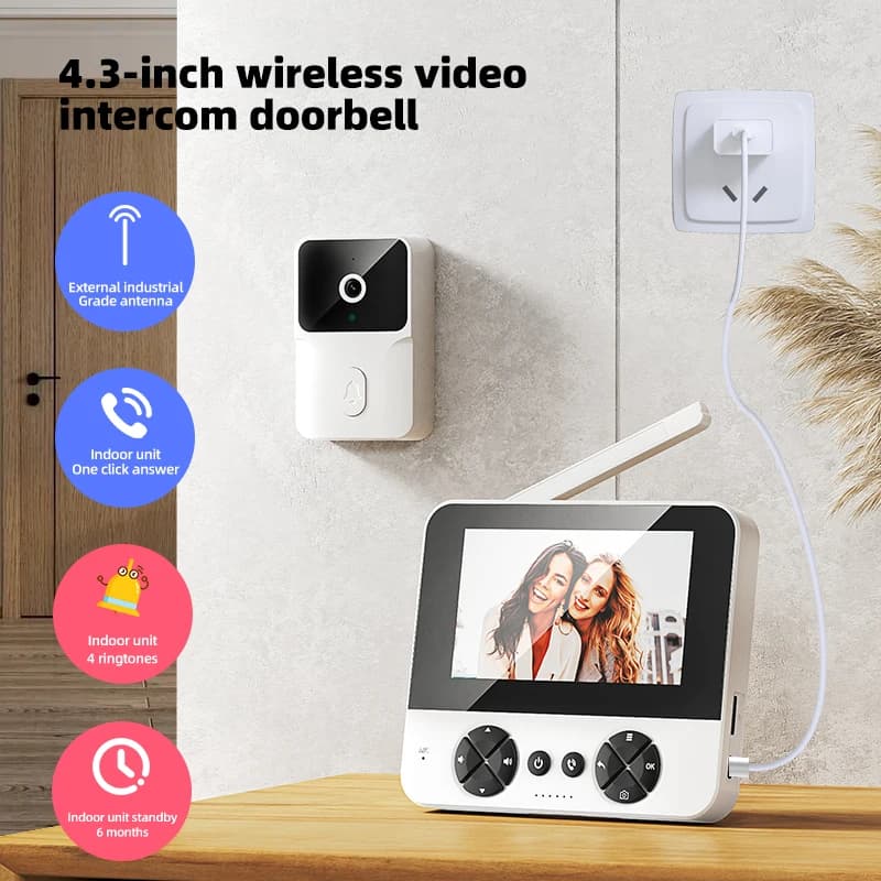 Videocitofono Wireless con Visione Notturna 4.3'', Telecamera di Sicurezza Intelligente, Monitor per Esterni, Campanello Wi-Fi, Citofono Bidirezionale con Funzione Wake-up