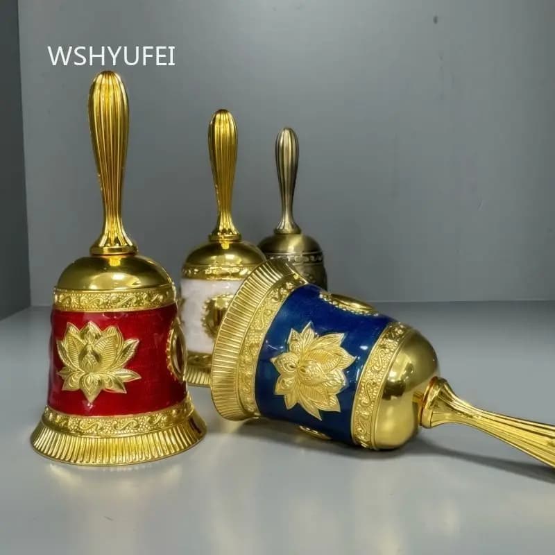 Tibetan Style Enamel Lotus Hand Bell with Gold Handle Buddhist Altar Ceremony Bell Meditation Ring for Prayer and Home Decor