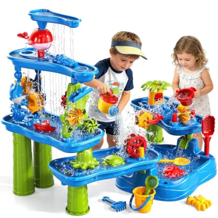 Tavolo da gioco a 5 livelli per sabbia e acqua per bambini 18M+, set attività in blu e giallo con giocattoli estivi da spiaggia e piscina per il giardino