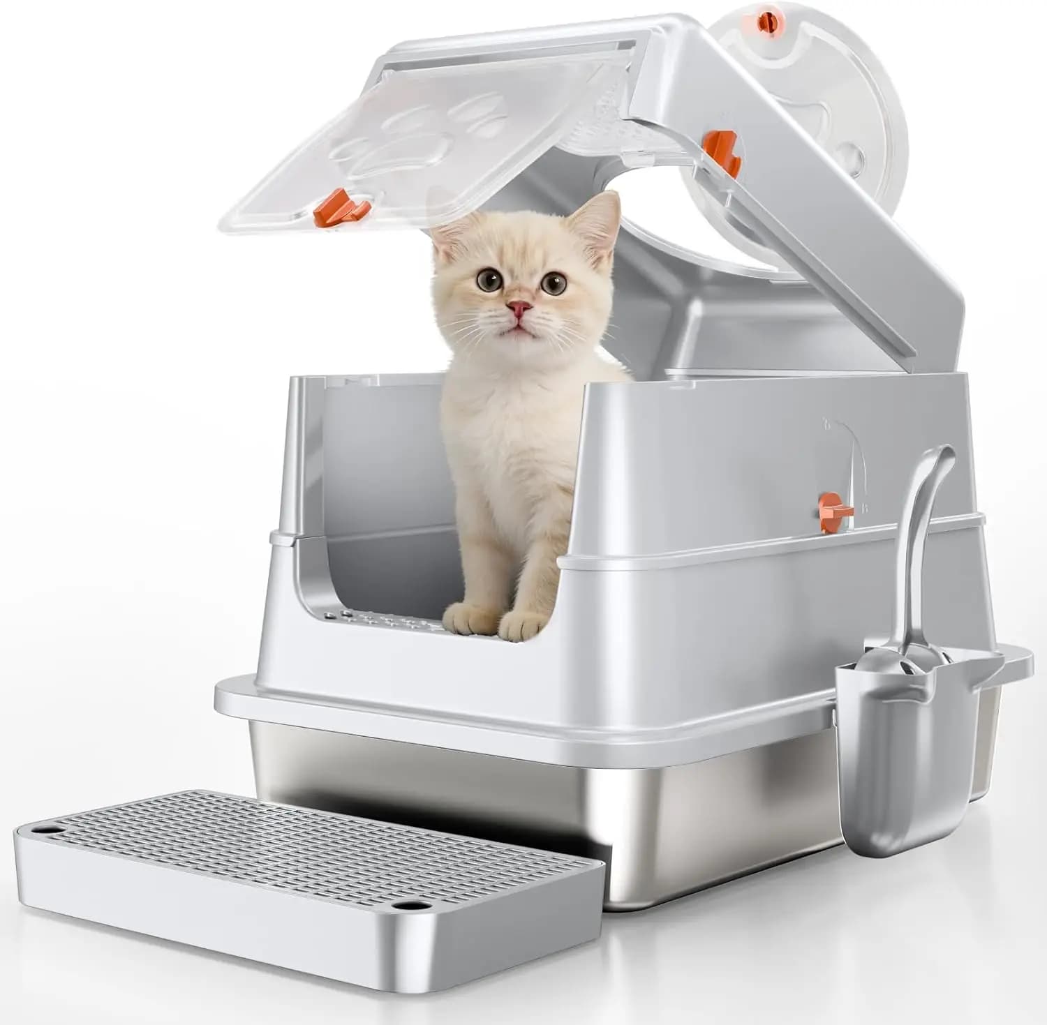 Lettiera per Gatti in Acciaio Inossidabile con Coperchio, Piccola Cassetta Chiusa in Metallo per Gattini e Piccoli Animali, con Coperchio Completamente Ribaltabile L