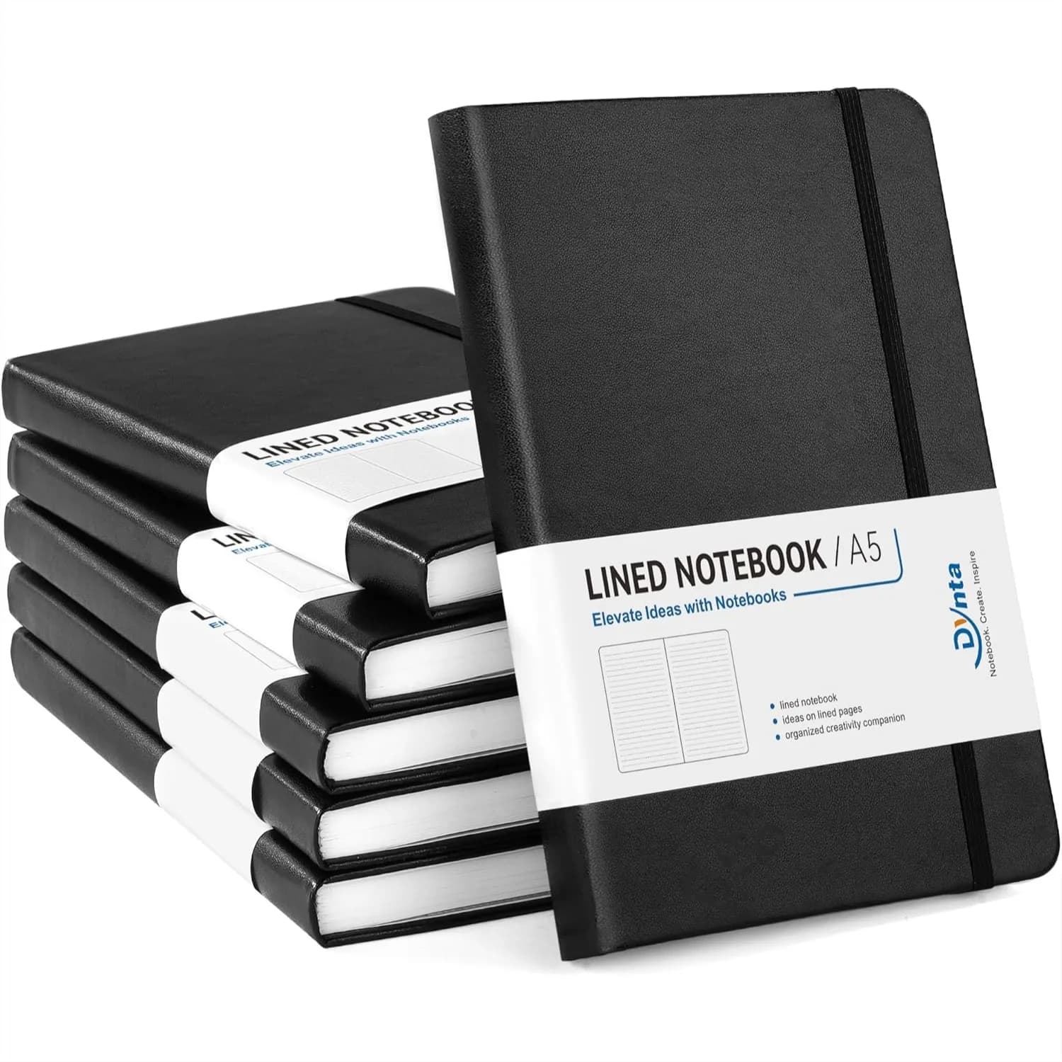 A5 Lined Journal 6 Pack, Black PU Leather Hardcover Notebook, 200 Pages, Thick 100gsm Paper, with Table of Contents & Back