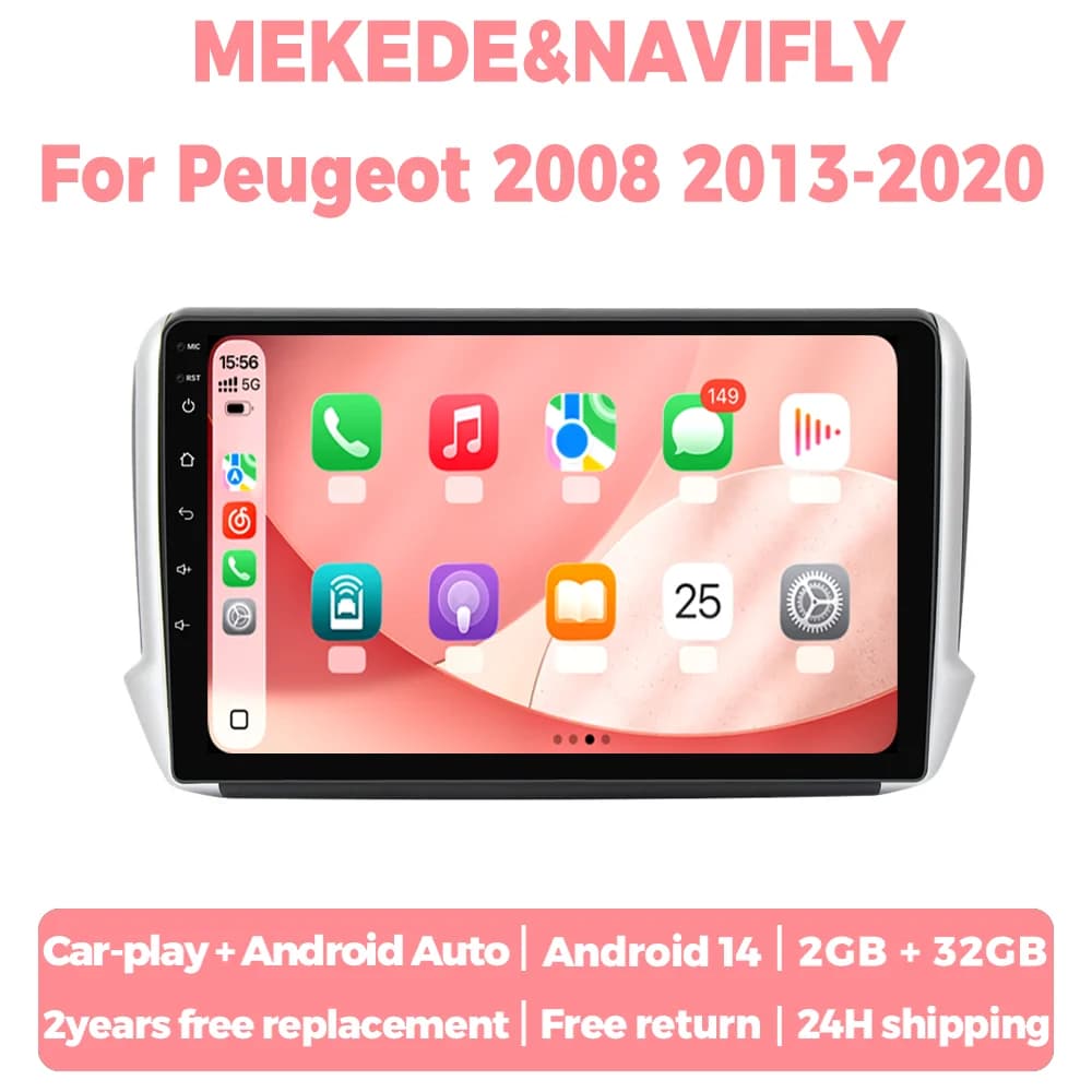 Autoradio Android 14 da 10 pollici per Peugeot 208 2008 2014-2018, lettore multimediale con sistema GPS intelligente, CarPlay wireless e Android Auto