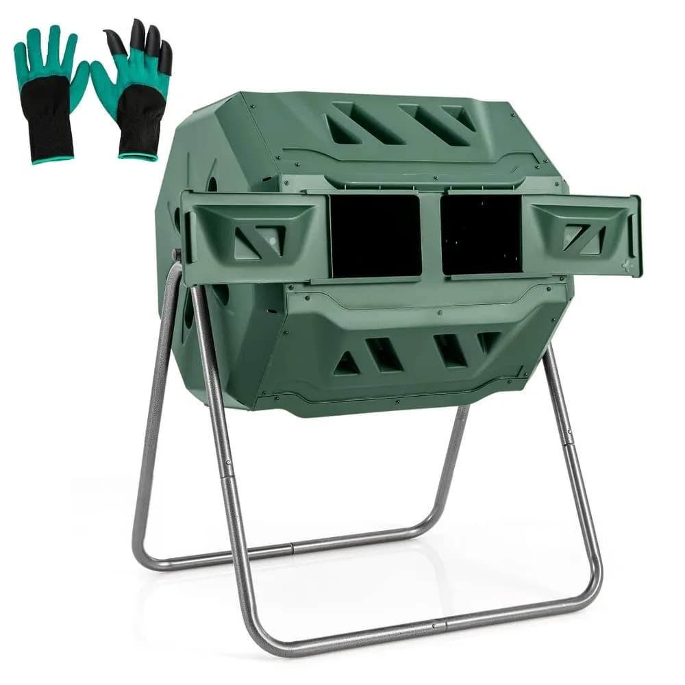 Compostiera da Esterno 42 Galloni, Compostiera a Doppia Camera con 2 Porte Scorrevoli, Telaio in Metallo Resistente, Rotazione a 360° ° Personalizzato