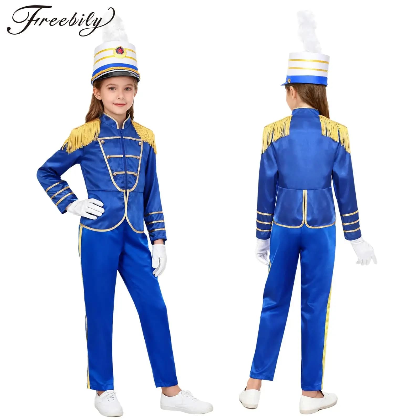 Tamburo per bambini Majorette Marching Band Honor Guard Costume Spalline con frange Giacca con cappello Guanti per spettacoli di feste di carnevale